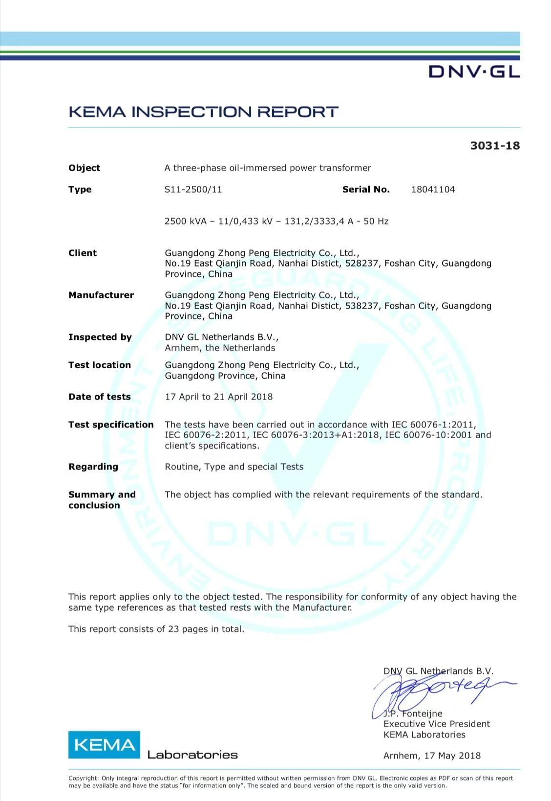 Oil type transformer KEMA INSPECTION REPORT